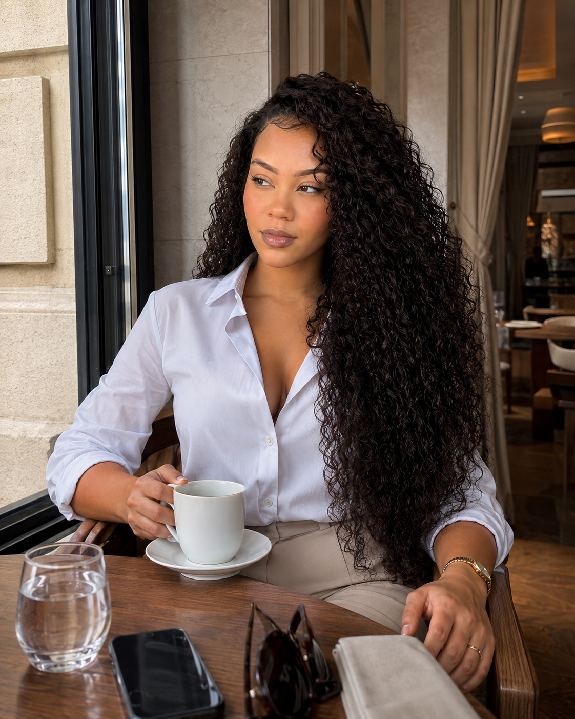 Clara Santos em retrato espontâneo, em ambiente íntimo e elegante